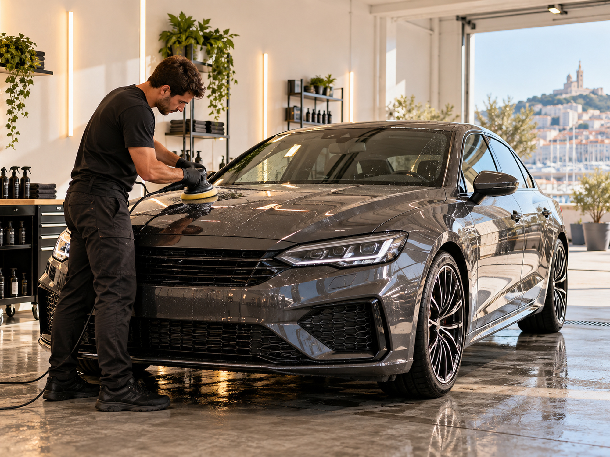 studio lumineux aux murs clairs, une voiture en soin